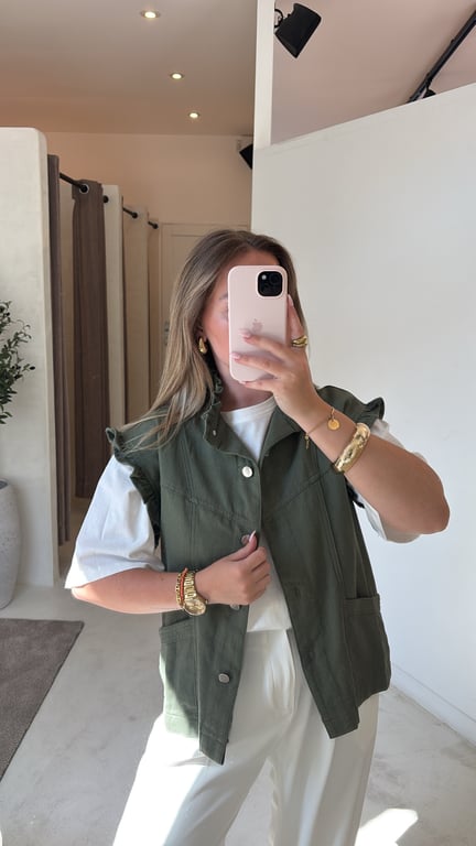 Veste en jean sans manches kaki à volants — vue alternative