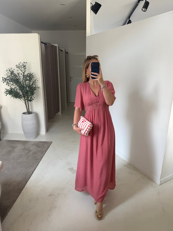 Robe longue col V vieux rose