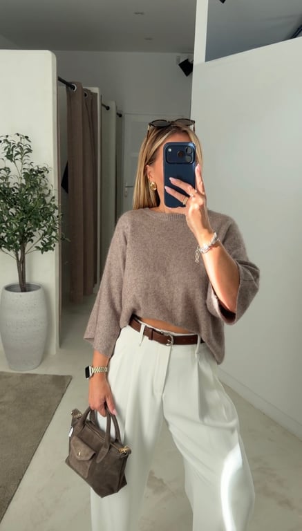 Pull taupe manches 3/4 en maille — vue alternative