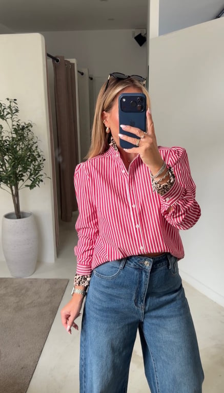 Blouse rouge à rayures & détails léopard