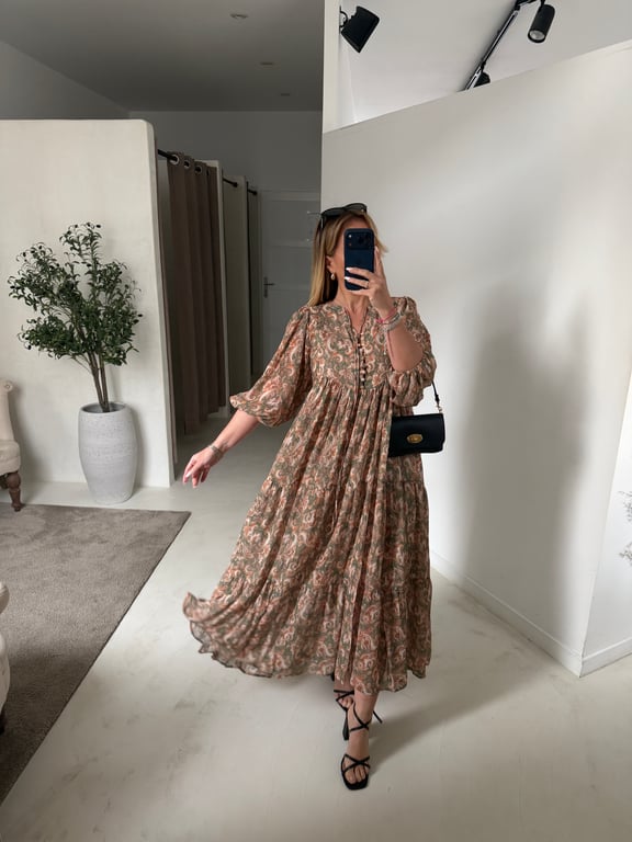Robe longue bohème tons orangés et verts