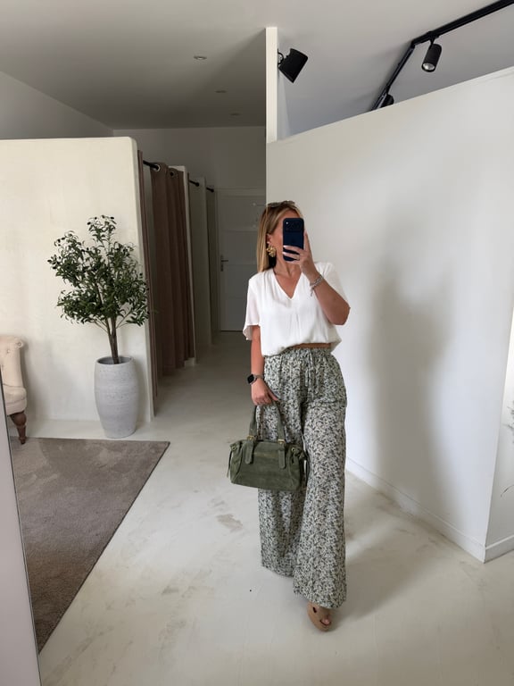 Pantalon fluide à fleurs kaki & jaune
