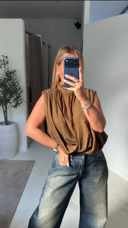 Blouse sans manches kaki & noeud élégant — vue alternative