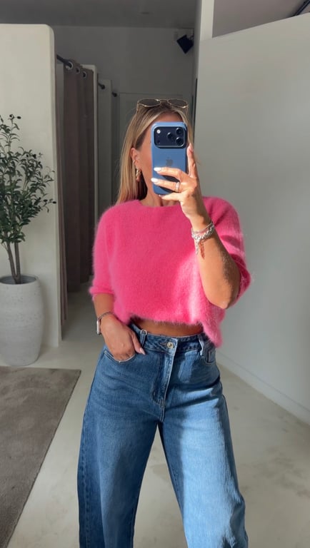 Pull en alpaga manches courtes rose — vue alternative