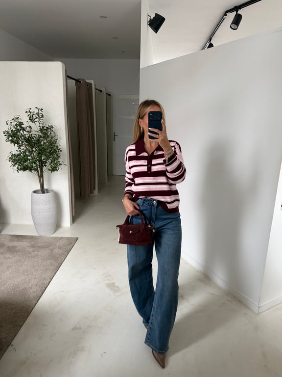 Pull polo à rayures rose et bordeaux