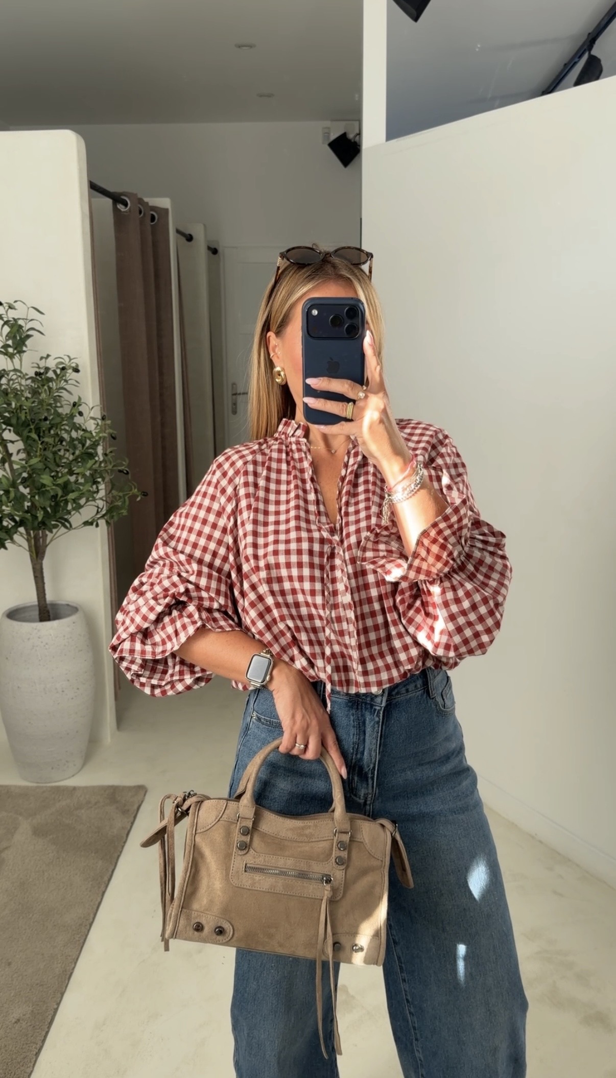 Blouse courte à carreaux rouge et blanc — vue 2