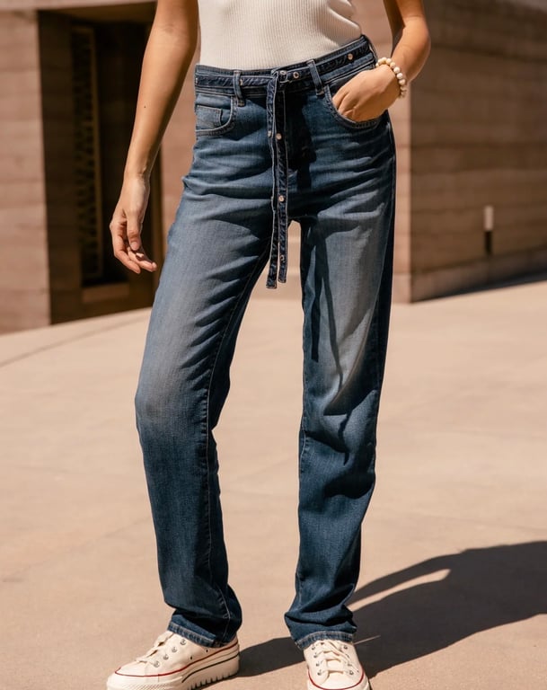 Jean droit taille haute avec ceinture intégrée - Pantalons & Jeans | Sodress