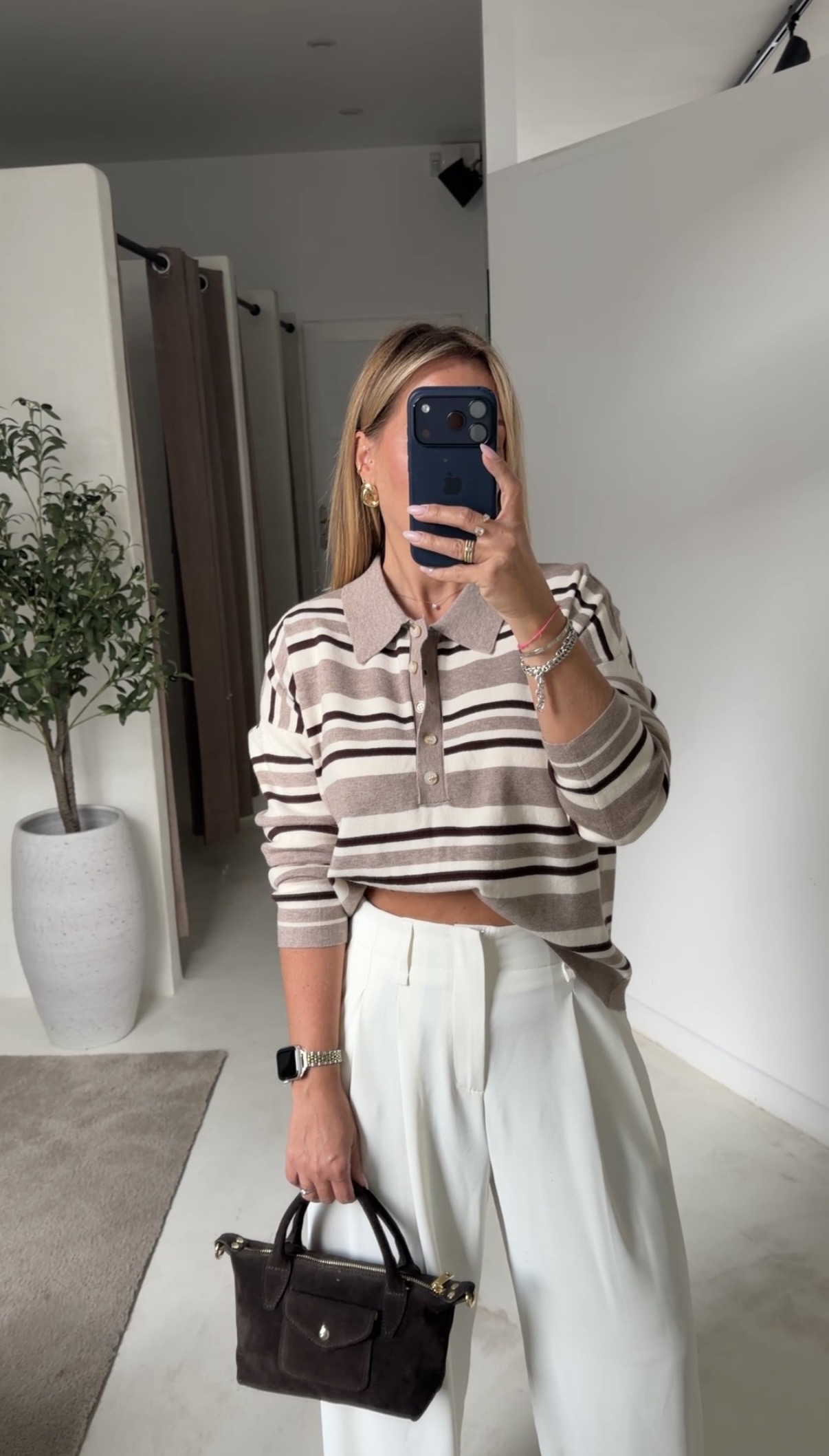 Pull polo beige à rayures écru et marron — vue 2