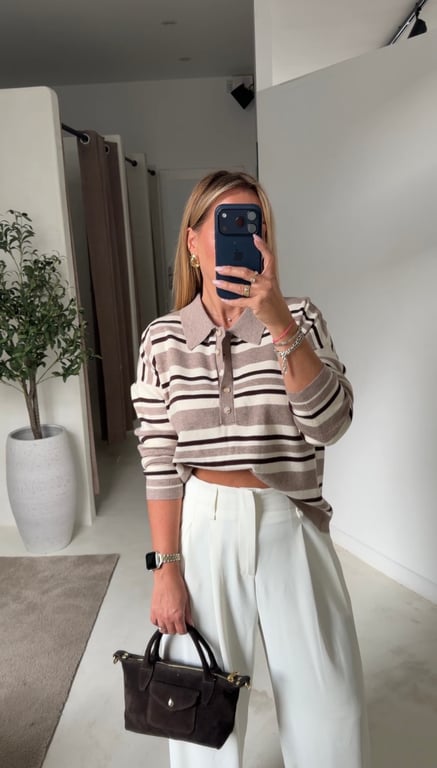 Pull polo beige à rayures écru et marron — vue alternative