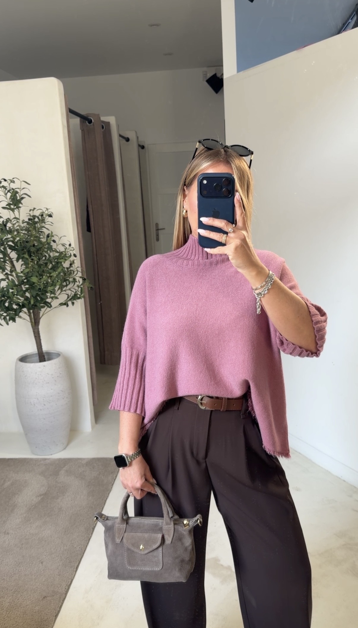 Pull manches courtes vieux rose col funnel — vue 2