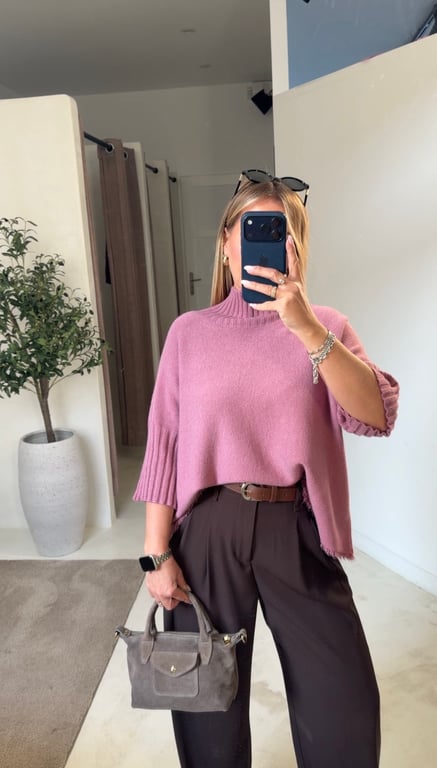 Pull manches courtes vieux rose col funnel — vue alternative