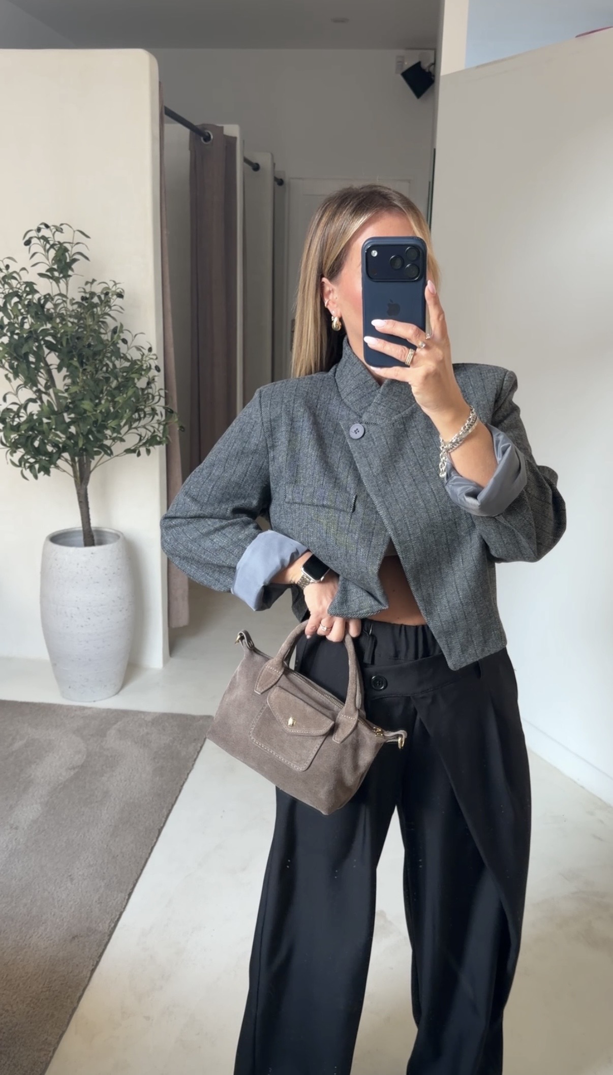 Blazer court pied de poule gris asymétrique — vue 2