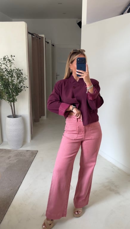 Jean taille haute détails poches vieux rose