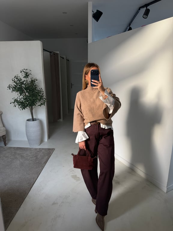 Pantalon barrel en coton prune