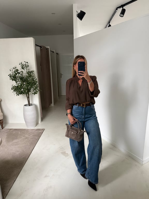 Blouse marron détails broderies aux épaules