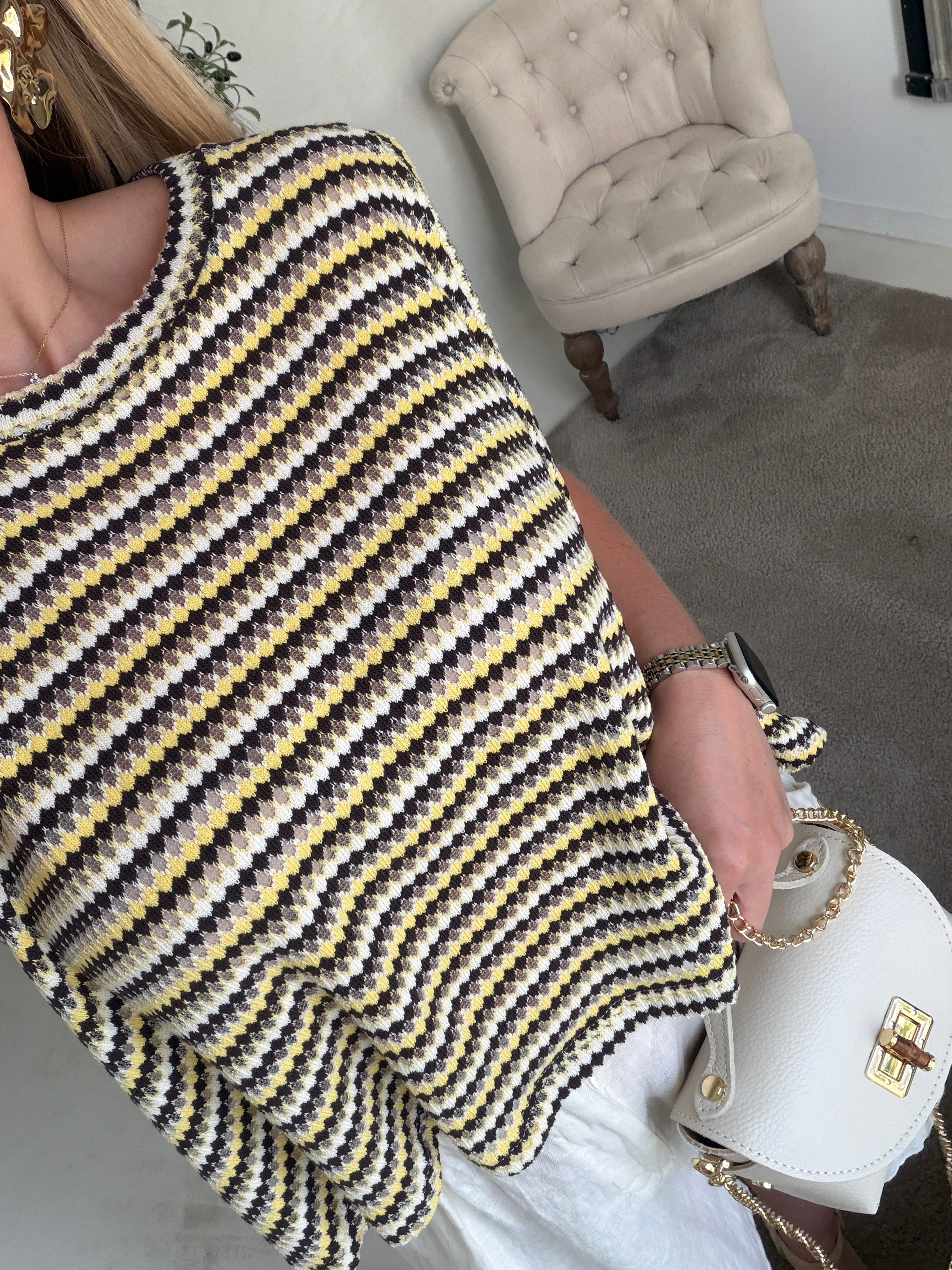 Débardeur en maille jaune, blanc et marron — vue 2