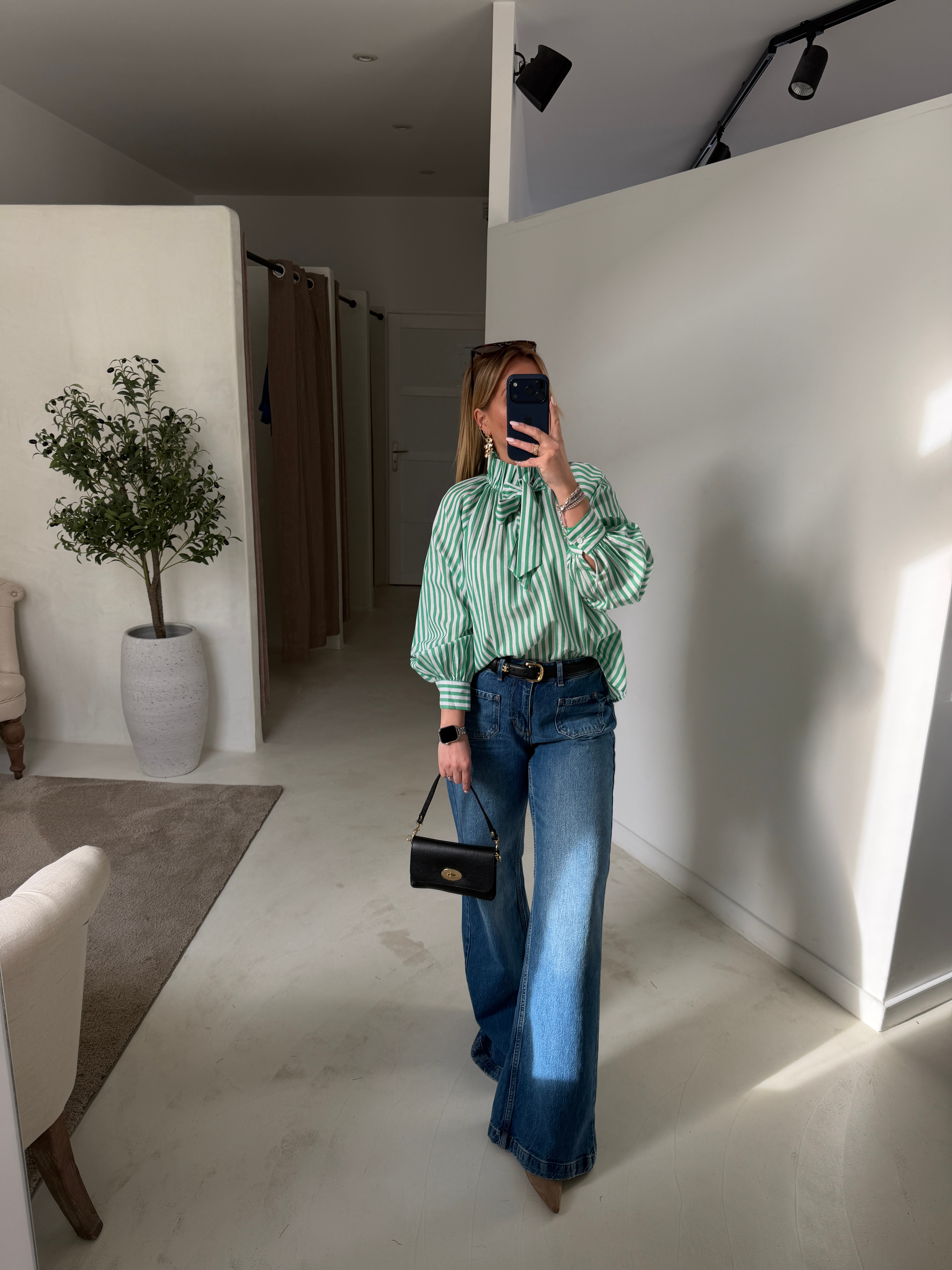Blouse rayée verte avec noeud élégant — vue 2