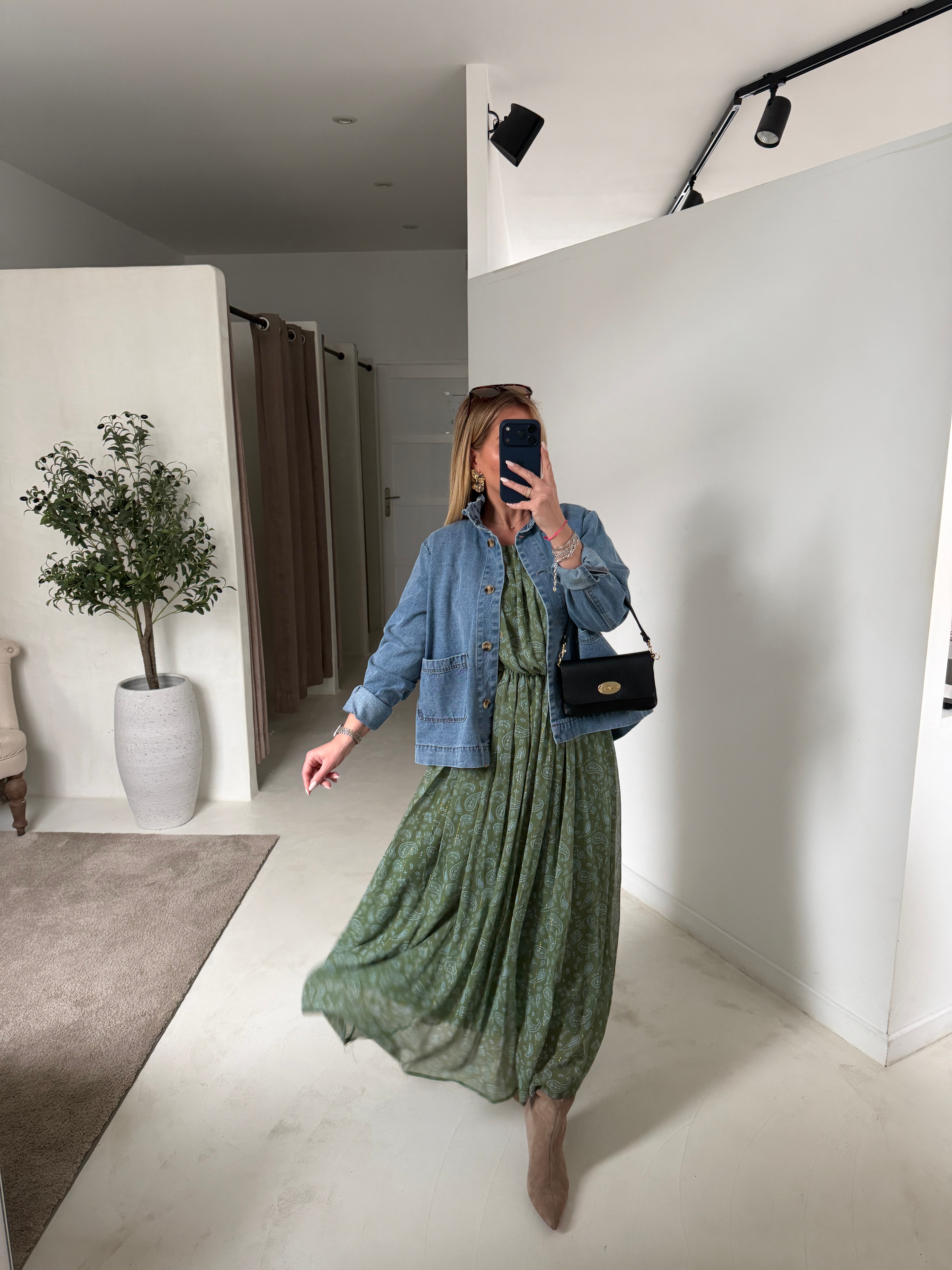 Robe longue bohème vert et bleu, manches ballon — vue 2