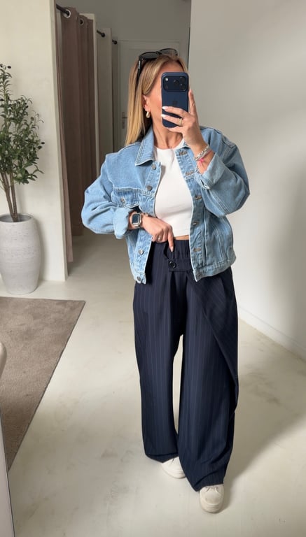 Pantalon large asymétrique rayé bleu marine — vue alternative