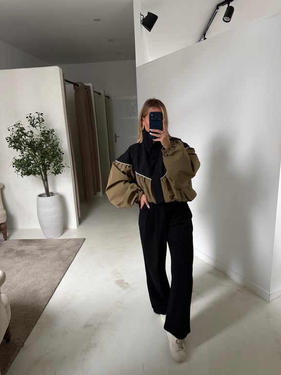 Veste oversize kaki et noir col montant