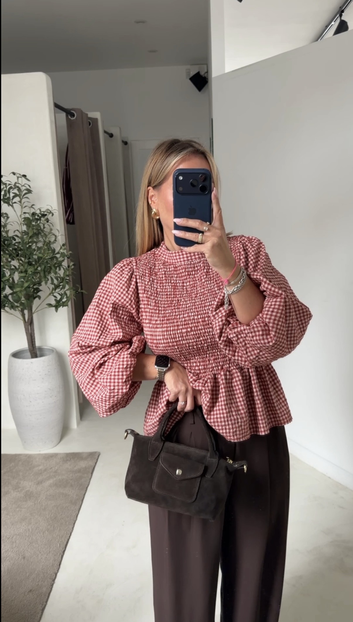 Blouse vichy rouge détails froncés au buste — vue 2