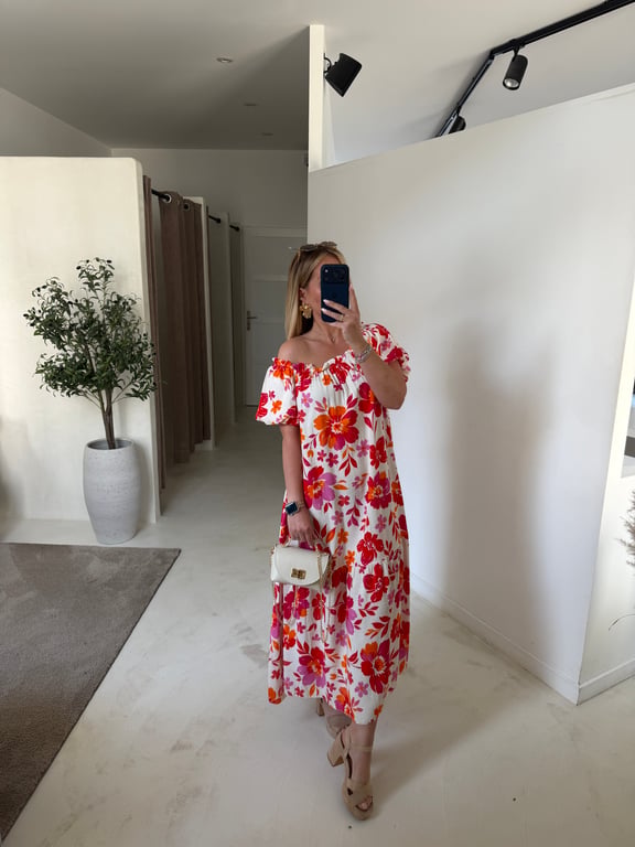 Robe longue épaules dénudées à fleurs