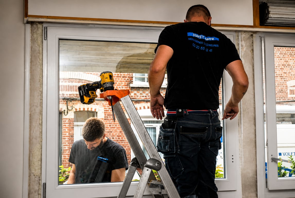 Deux poseurs travaillant ensemble sur une fenêtre, l'un à l'intérieur, l'autre à l'extérieur