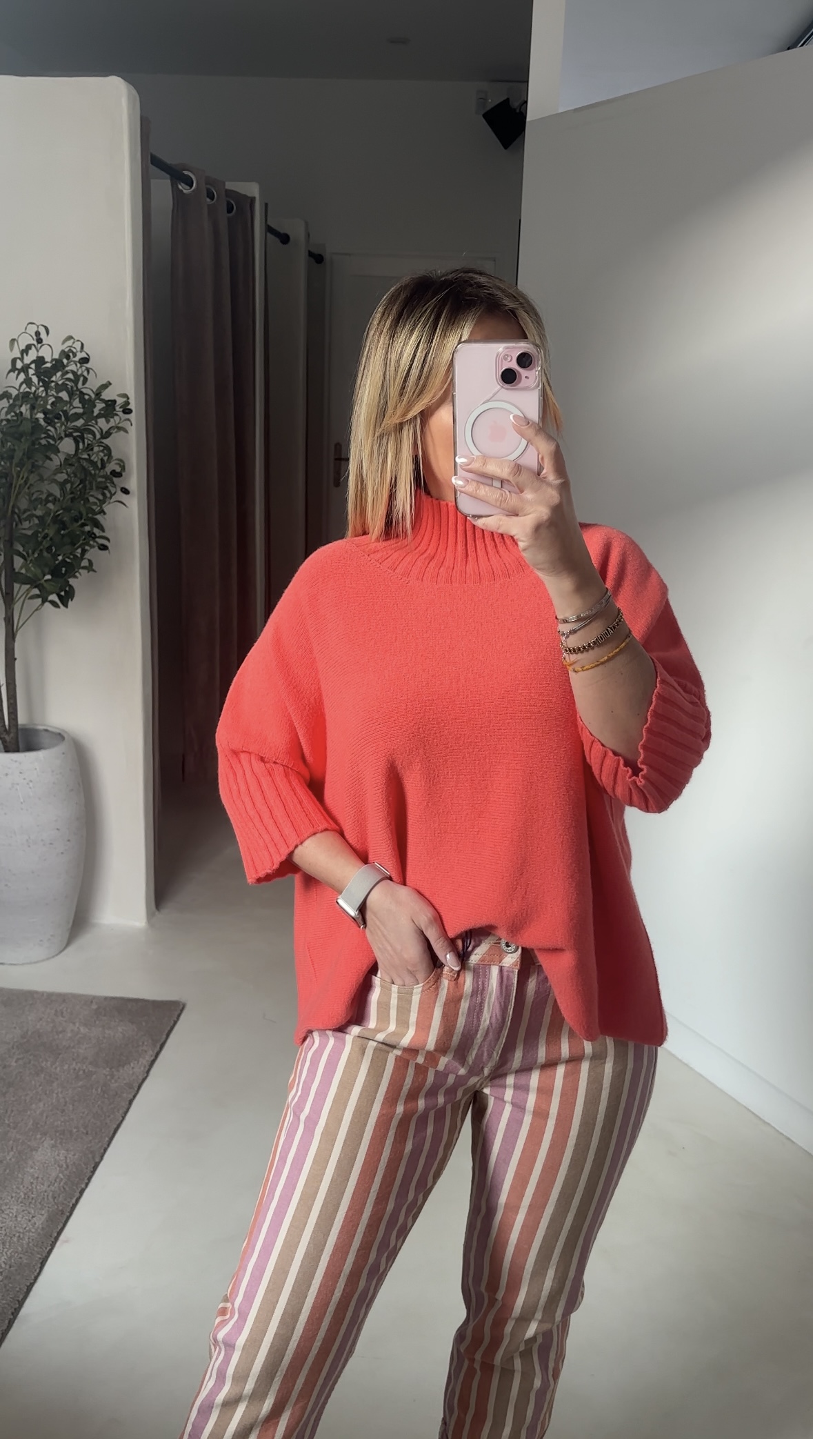 Jean droit rayé beige, rose et orange — vue 2