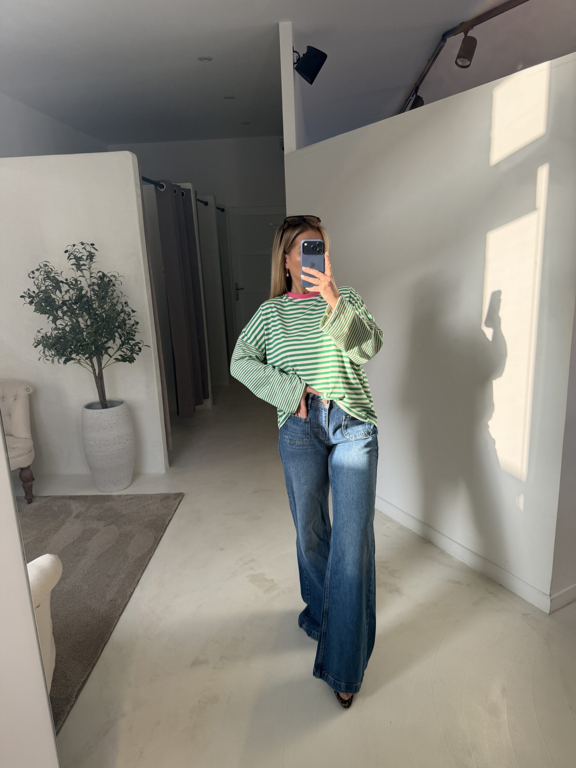 Marinière vert et blanc avec col rose - Prêt-à-porter | Sodress