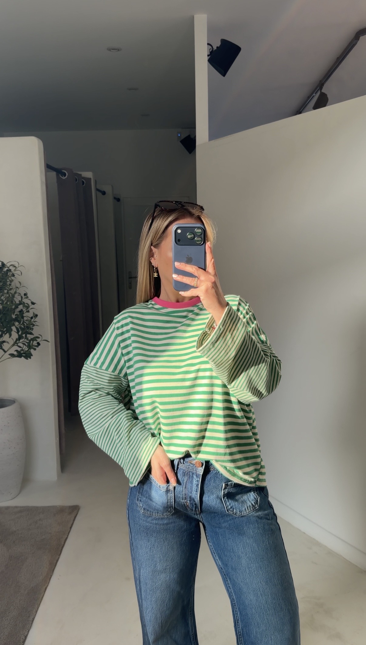 Marinière vert et blanc avec col rose — vue 2