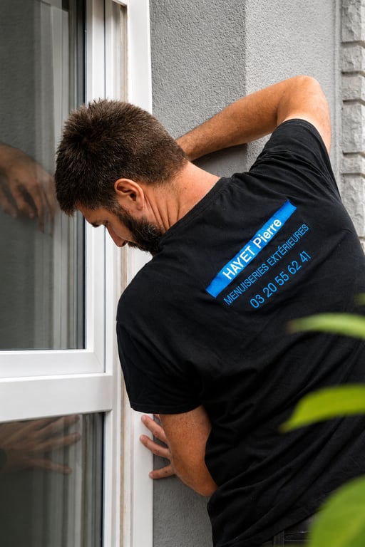 Un poseur ajustant une fenêtre depuis l'extérieur, sur une façade enduite