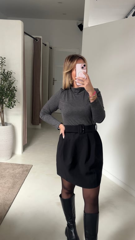 Robe bicolore gris et noir, col montant et ceinture intégrée - Outlet | Sodress - Vue alternative