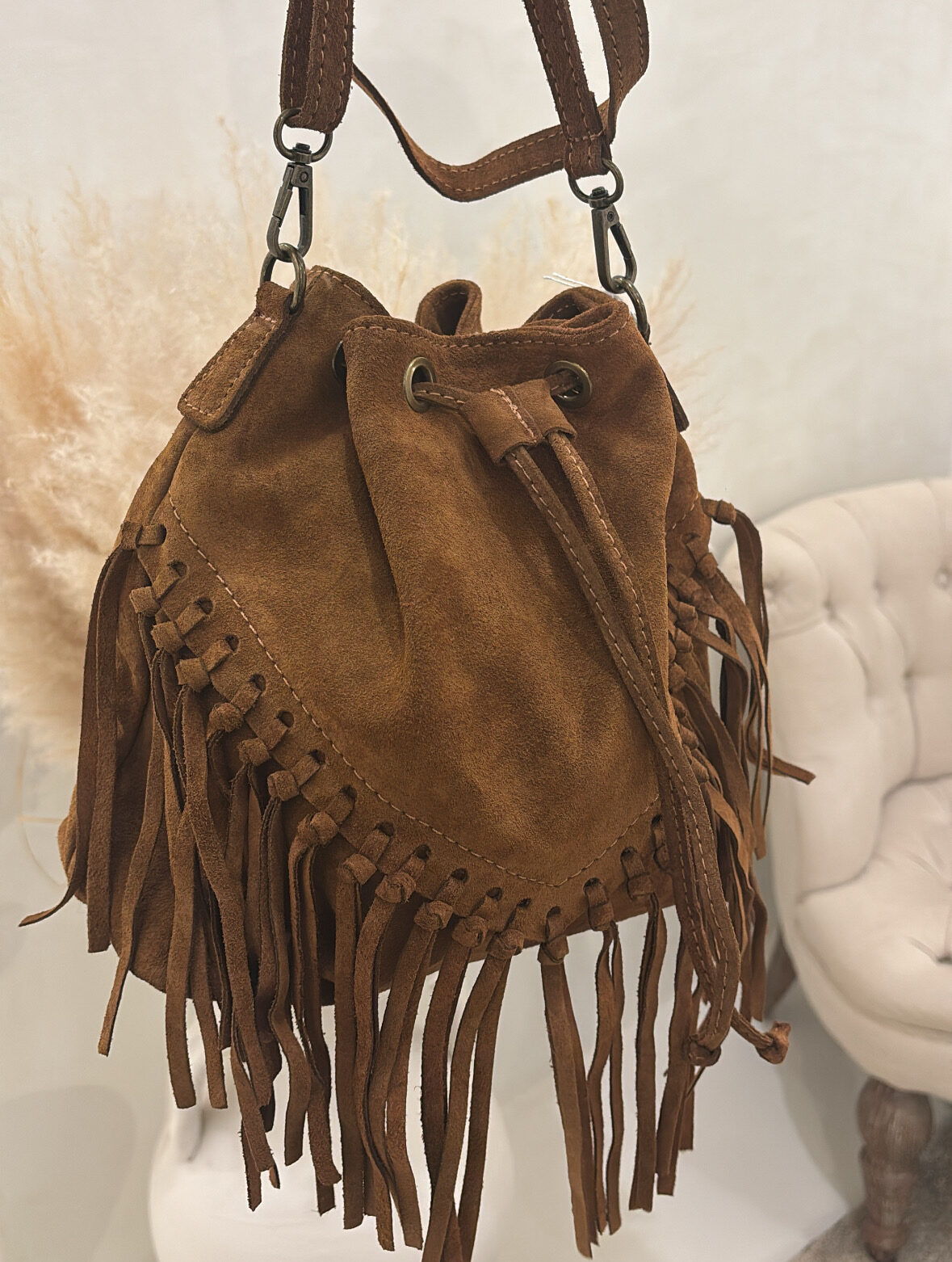 Sac seau camel en daim avec franges - Accessoires | Sodress