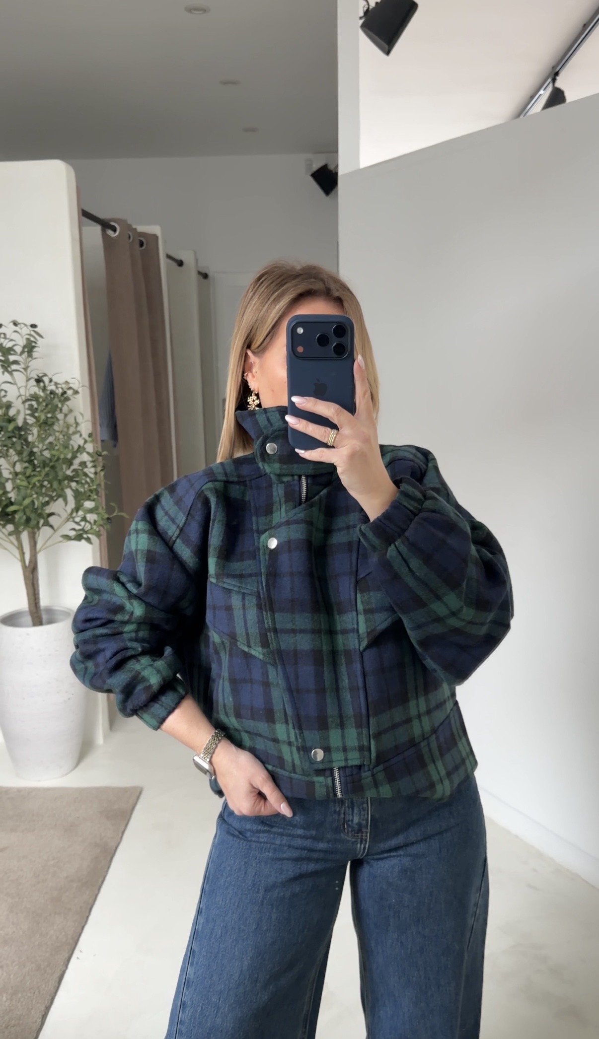 Veste à carreaux bleu et vert, col montant — vue 2