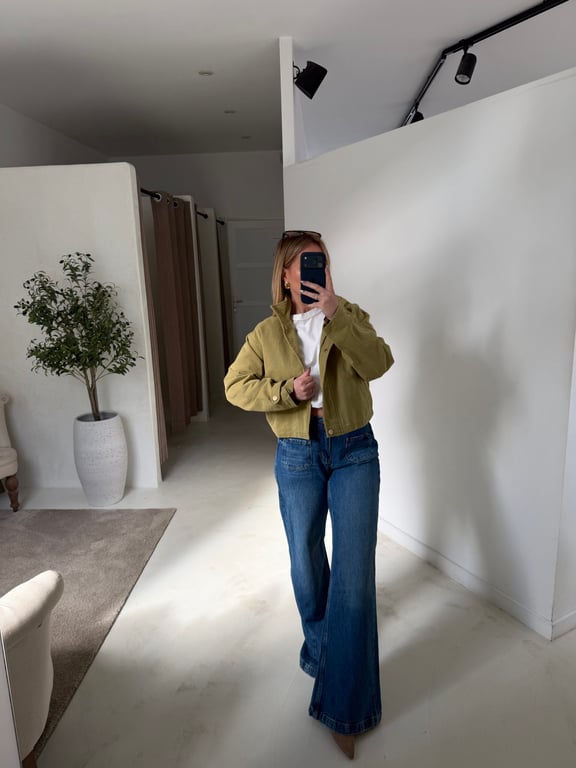 Veste en jean courte olive détails boutons dorés - Prêt-à-porter | Sodress