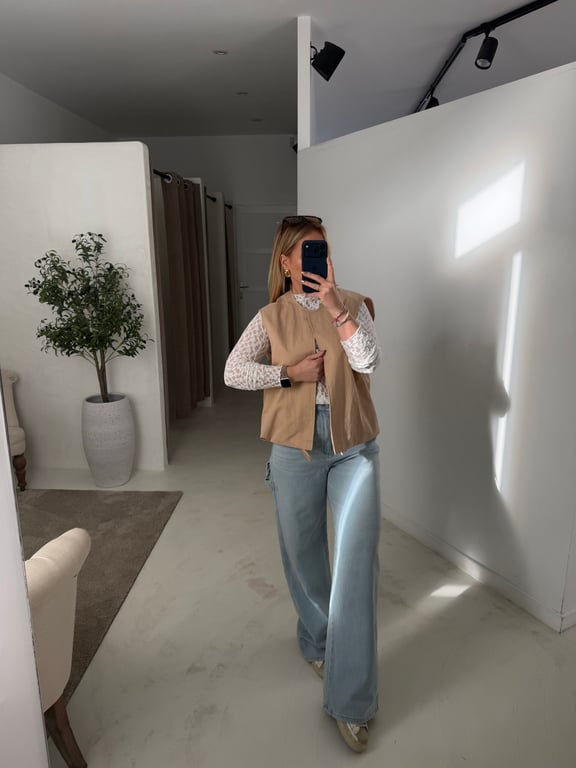 Veste sans manches en jean beige - Prêt-à-porter | Sodress