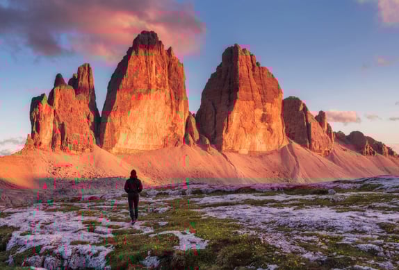 Hiker at Tre Cime di Lavaredo in the Dolomites mountains
