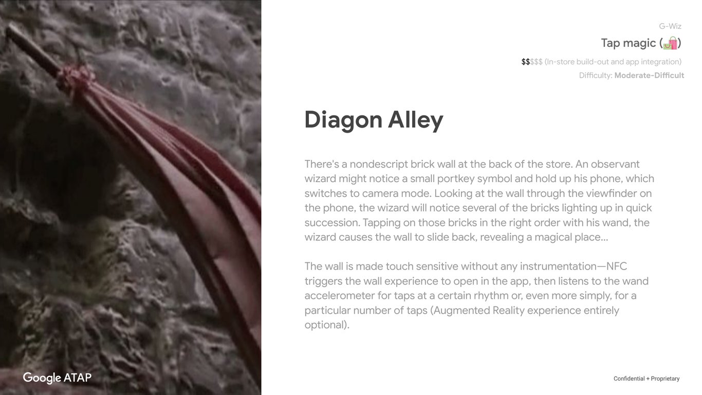 Diagon Alley slide with a dragon and shop imagery.