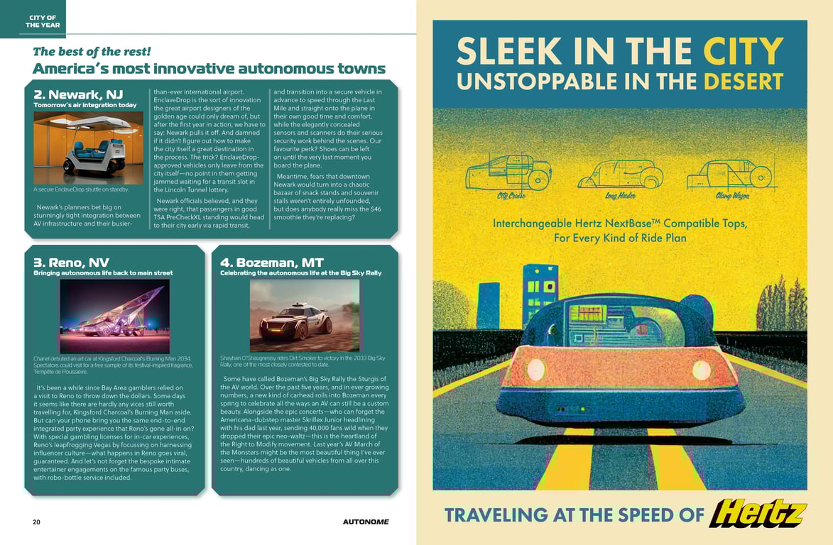 Spread from the Near Future Laboratory's magazine from a possible autonomous vehicle future
