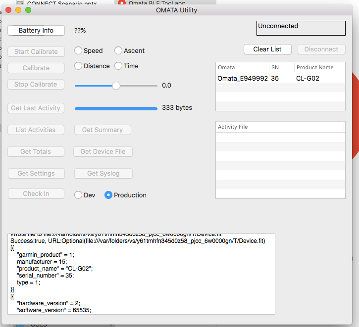 A development screen from the OMATA utility app showing device calibration and data-transfer work.