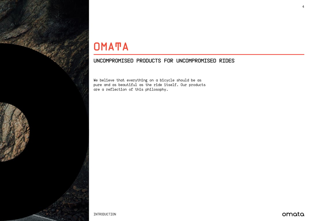 OMATA Press Book 2016 page pairing a cropped black circle with a short brand statement in red and black type.