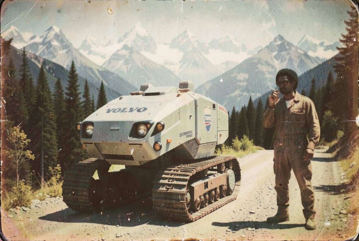 Retro-toned vehicle in a mountain setting, evoking field engineering and mobile systems work