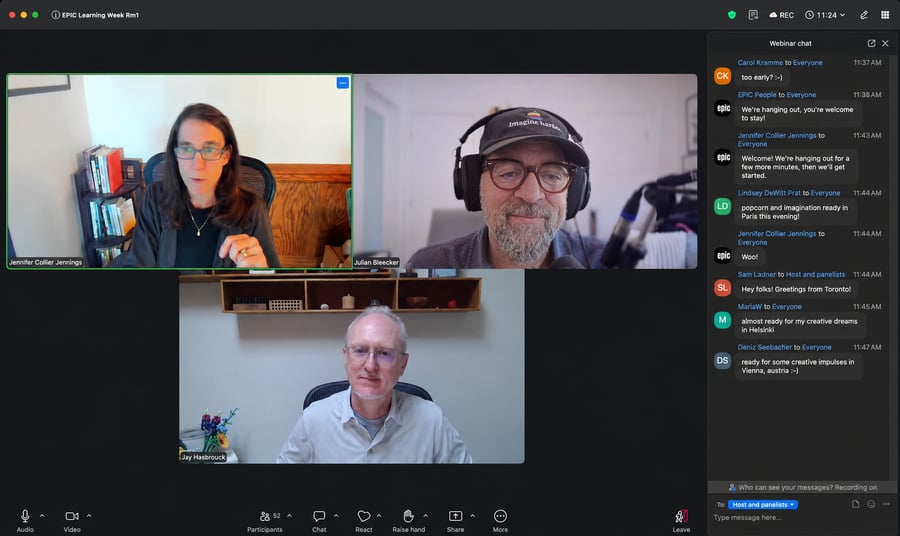 Video call with three participants and a chat sidebar on the right.