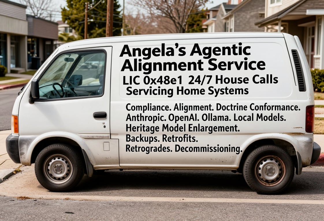 White van with "Angela's Agentic Alignment Service" and service details written on the side.