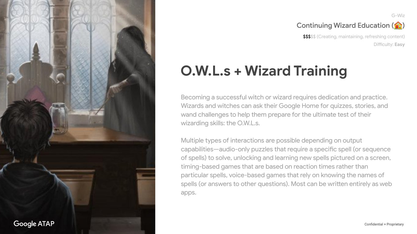 O.W.L.s and Wizard Training slide with a wizard reading in a library.