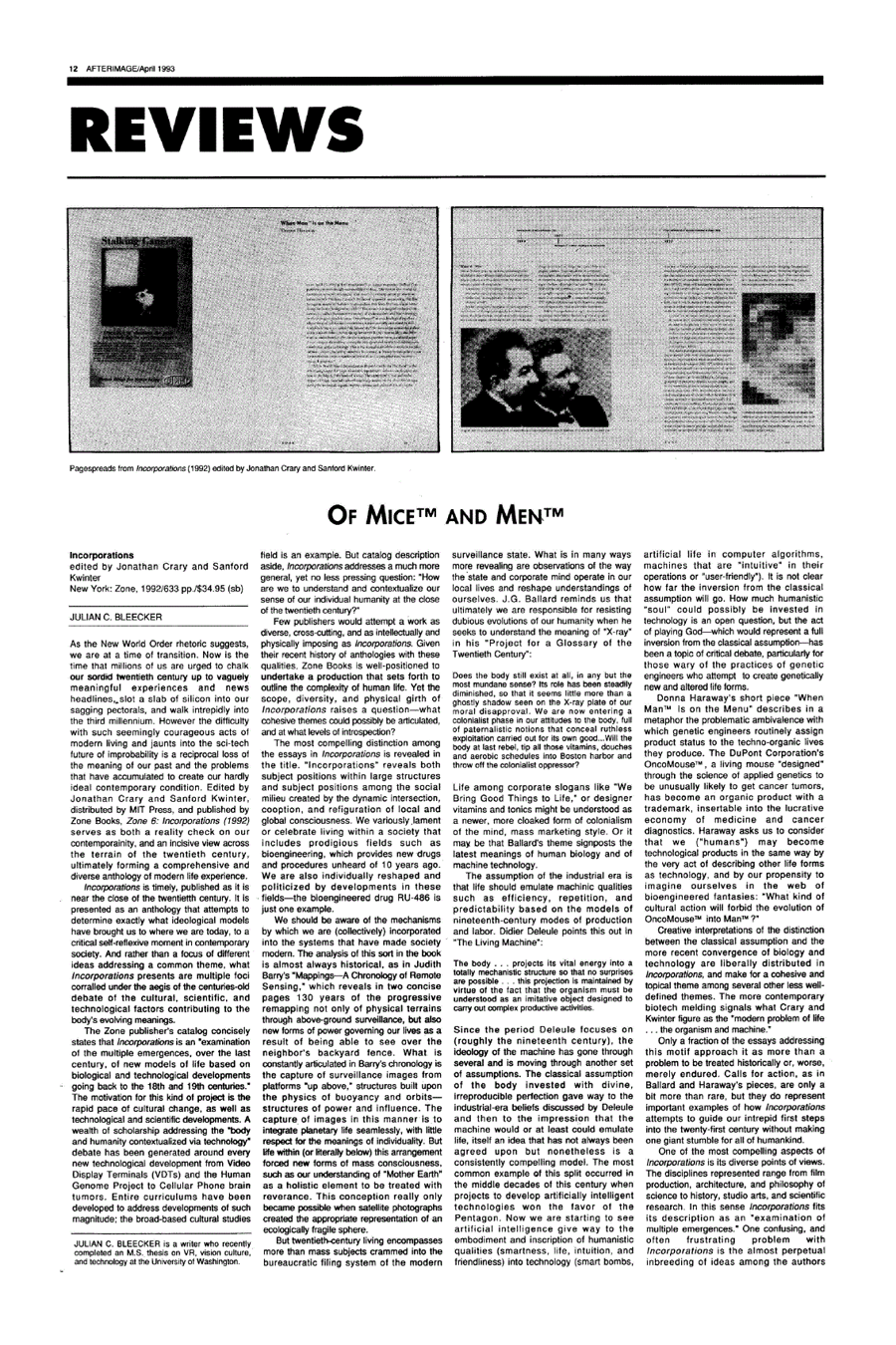 Page with an essay on it from Afterimage – April 1993 review of Incorporations