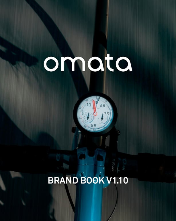 OMATA Brand Book v1.10 cover with a white wordmark and the round instrument on blue handlebars.