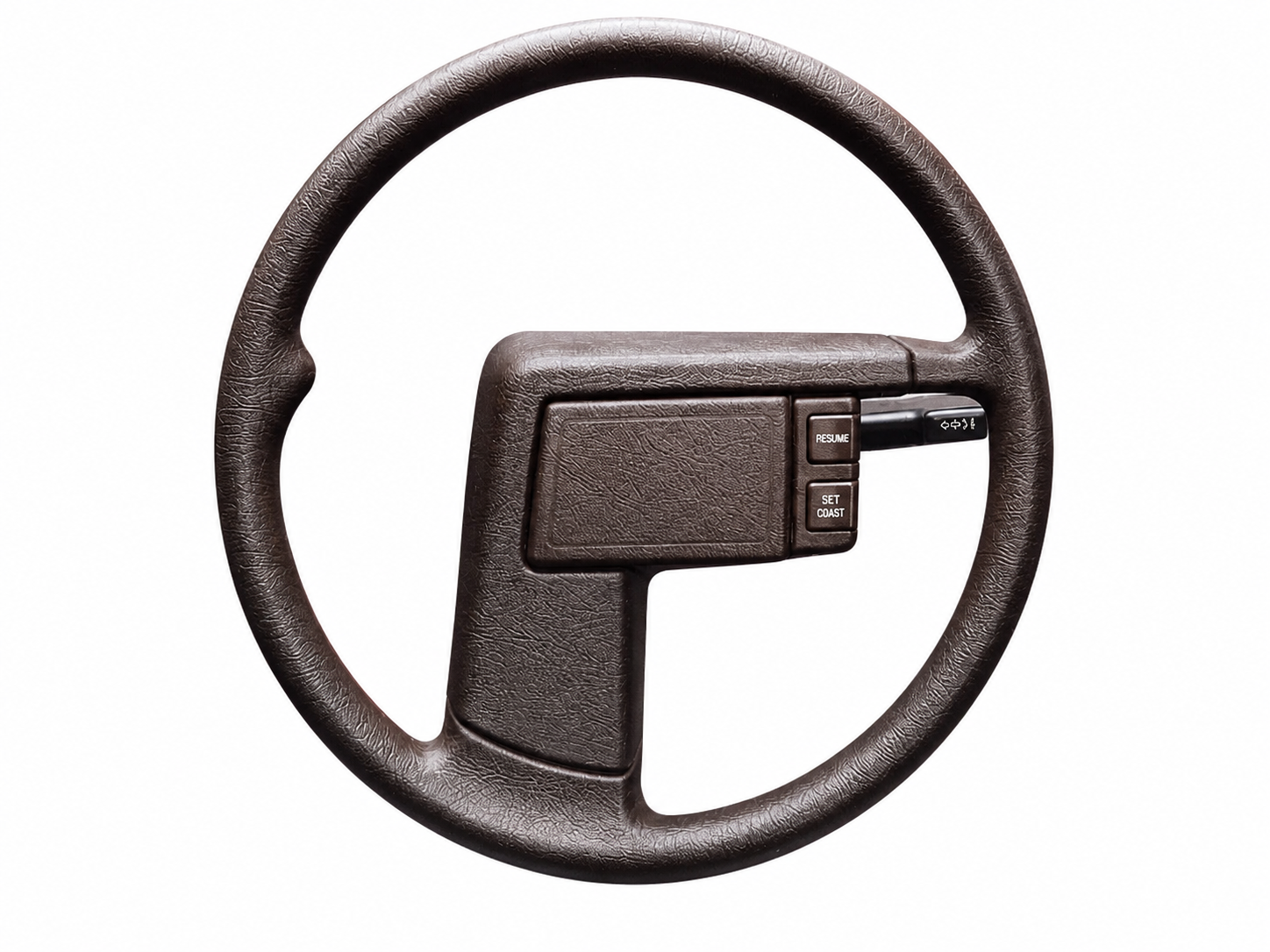 Isolated dark Subaru XT6 steering wheel with a rectangular hub and integrated RESUME and SET/COAST controls on a white background.