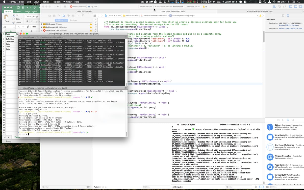 FIT decoding, source code, terminal output and messages sharing the desktop.