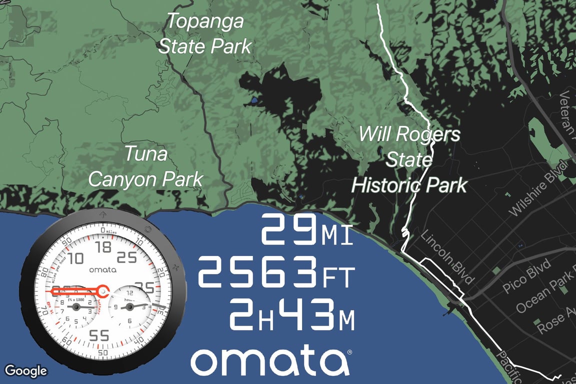 OMATA route-map composition with a white route through Will Rogers State Historic Park, a rendered instrument, and ride annotations of 29 miles, 2563 feet and 2 hours 43 minutes.